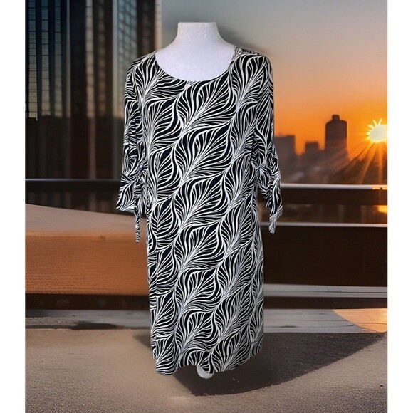 Jonathan Martin Black White Textured 3/4 Sleeve Leaf Feather Career Dress Sz M - Picture 1 of 7